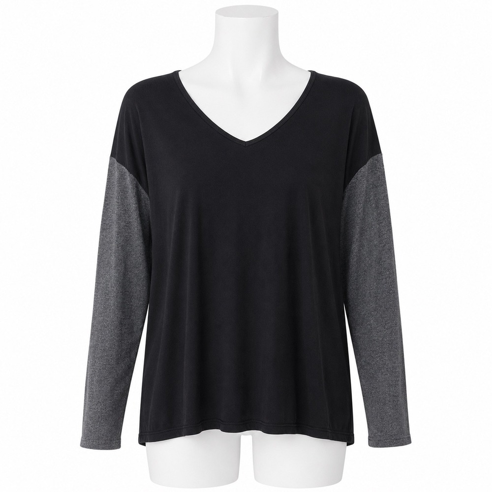 Theory Rayner Colorblock V Neck Top Black Gray Long Sleeve Knit Top Women Medium